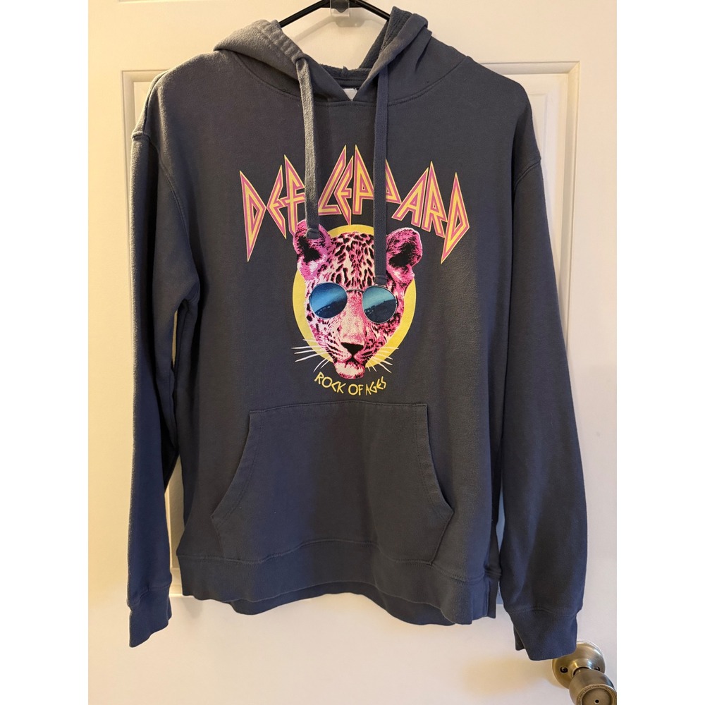 Def Leppard Rock of Ages Graphic Hoodie Gray Pink Leopard Band Sweatshirt Large